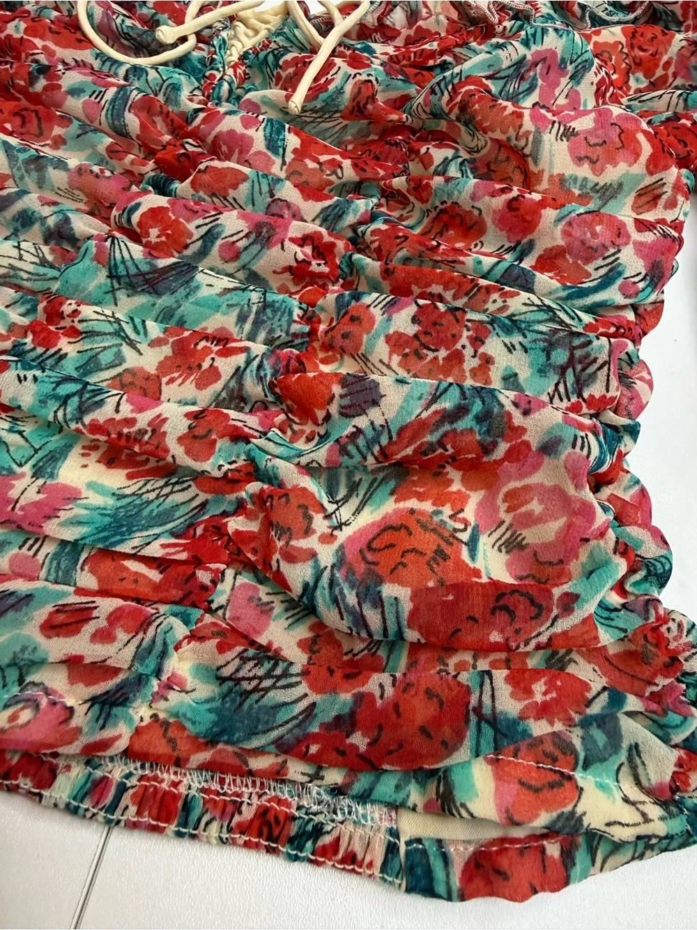 Free People Red Floral Square-Neck Ruffle Blouse size XS